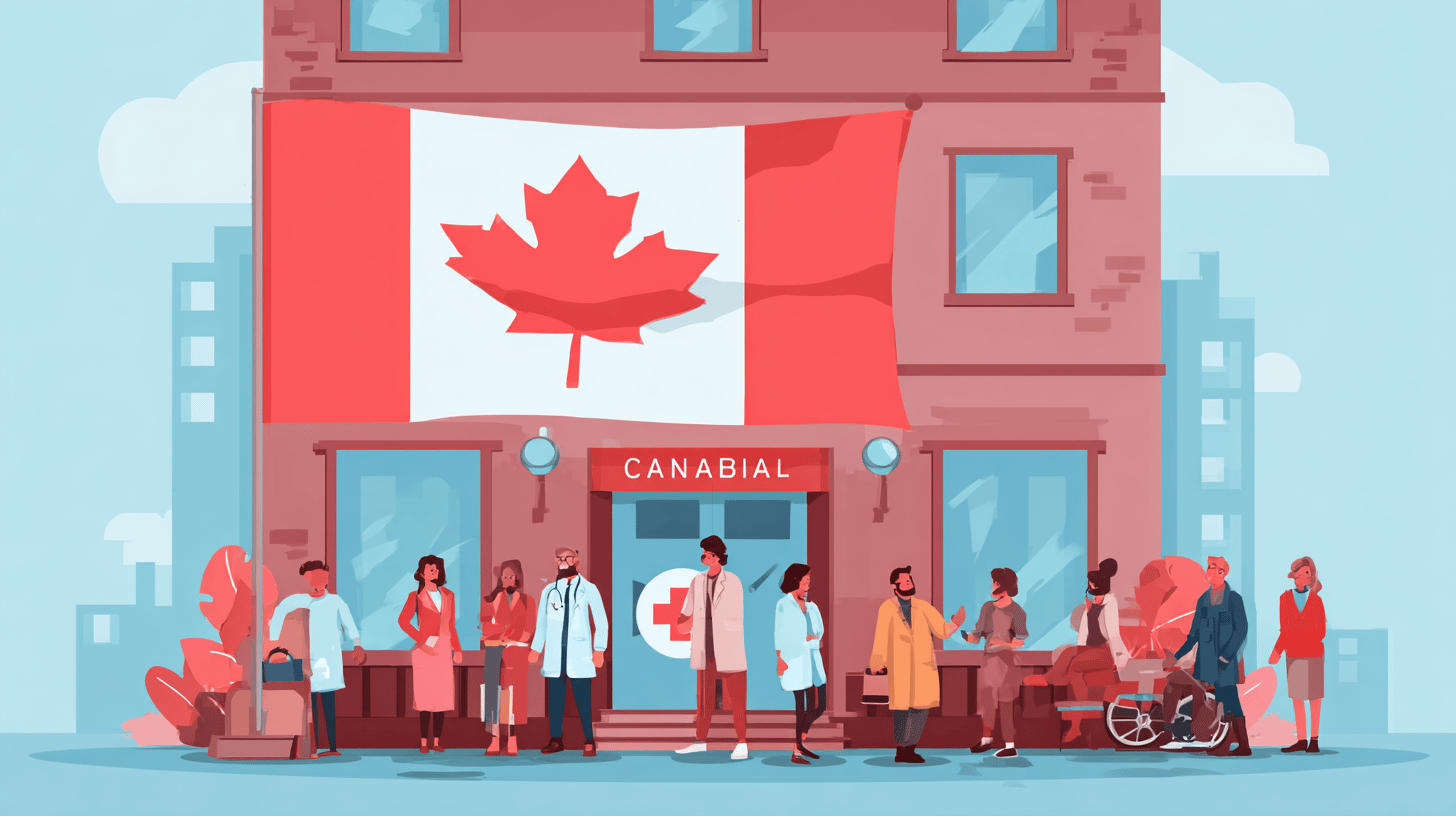 Canadian healthcare system illustration showing provincial healthcare cards