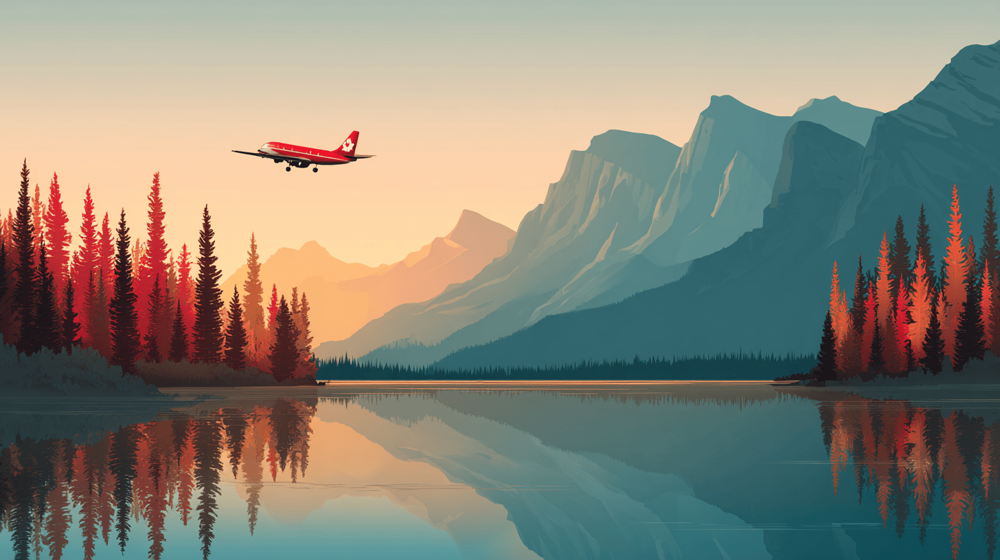 Canadian winter landscape with snow-covered trees and mountains