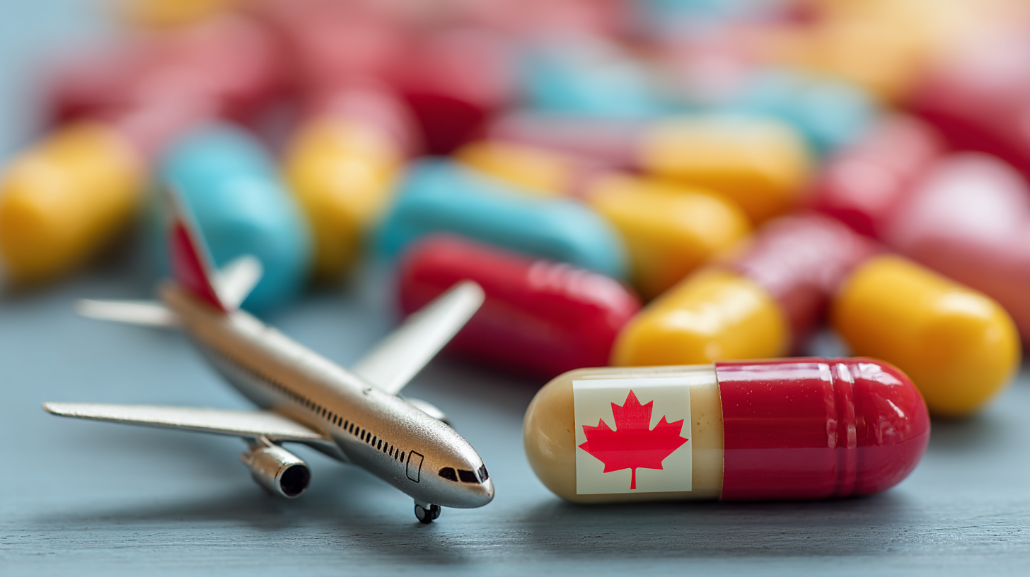 Person packing medication in carry-on luggage for travel to Canada