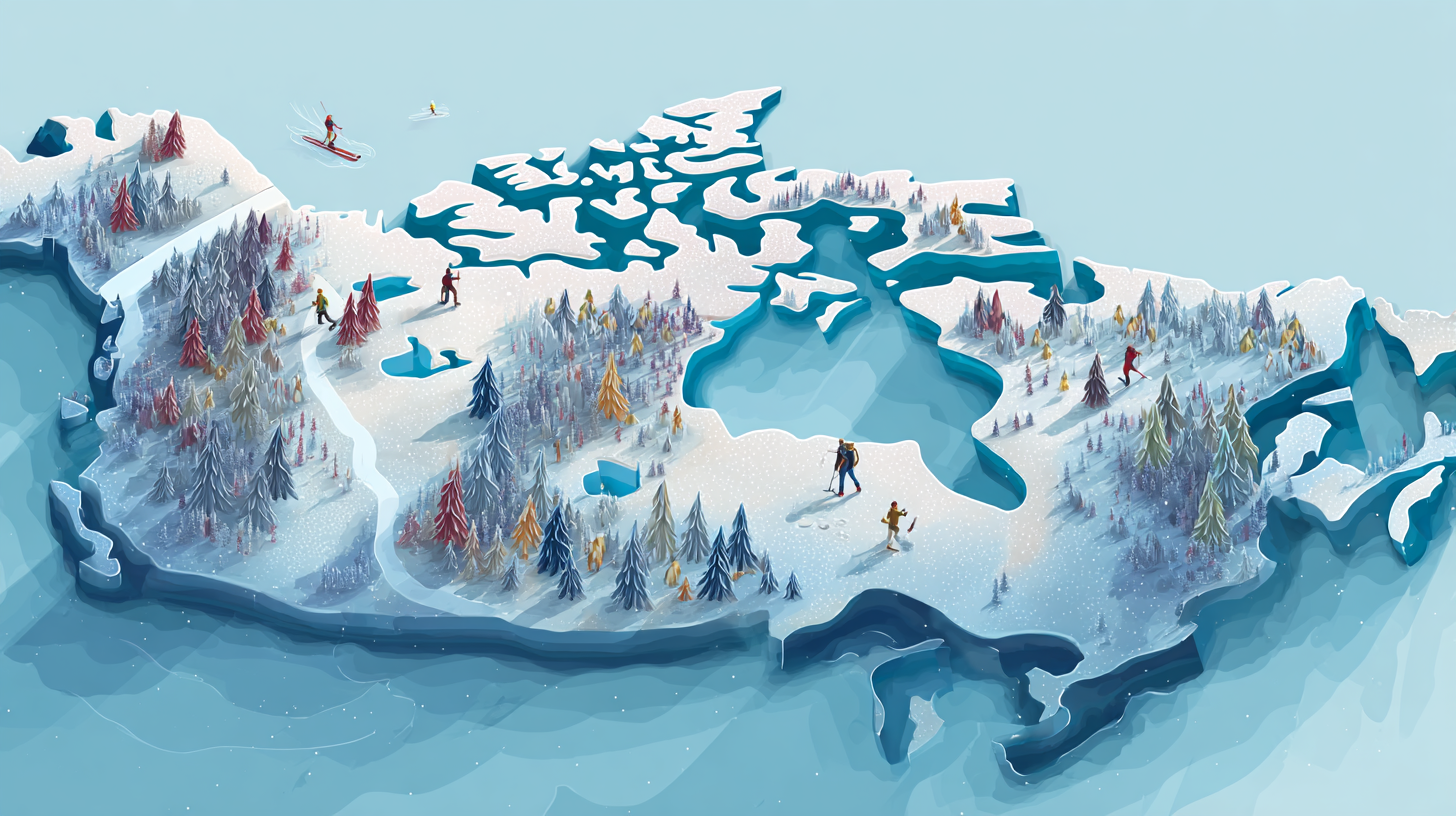 Travel insurance documents with Canadian winter activities in background, demonstrating protection for winter sports