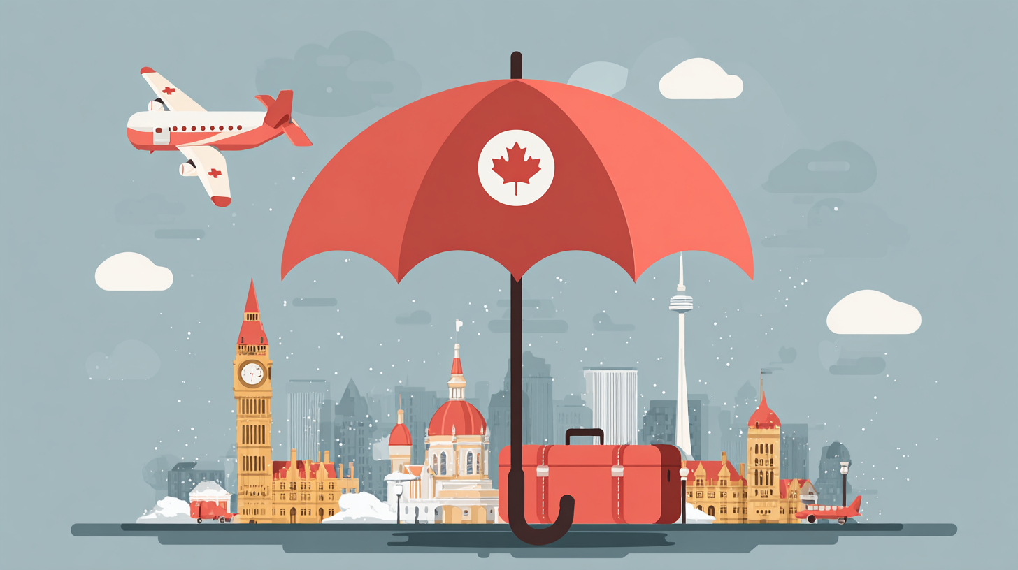 Canadian traveler with luggage at airport needing travel insurance for short trips