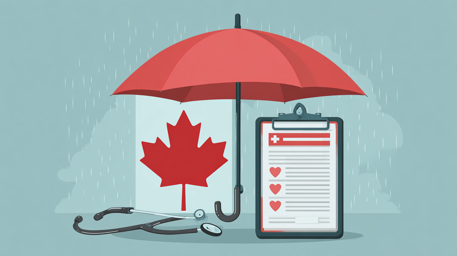 Canadian traveler reviewing travel insurance policy details with focus on pre-existing medical condition coverage requirements