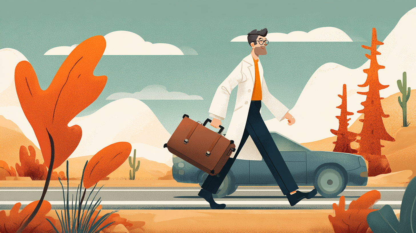 Doctor providing house call medical service to Canadian traveler in hotel room
