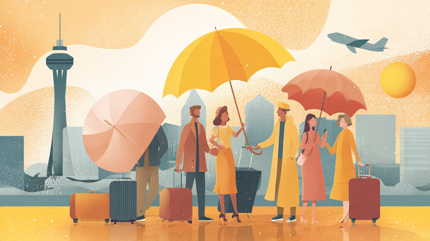 Group of diverse travelers with luggage checking travel insurance documents