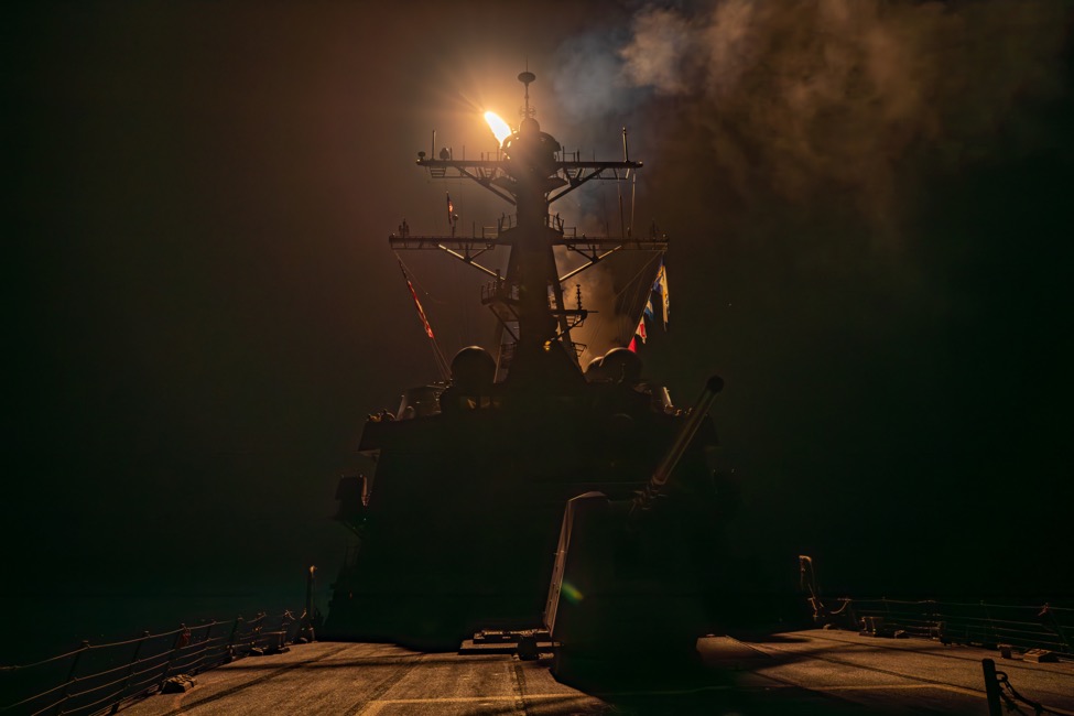 A missile being launched from a U.S. Navy vessel, prior to the 2024 Yemeni airstrikes.