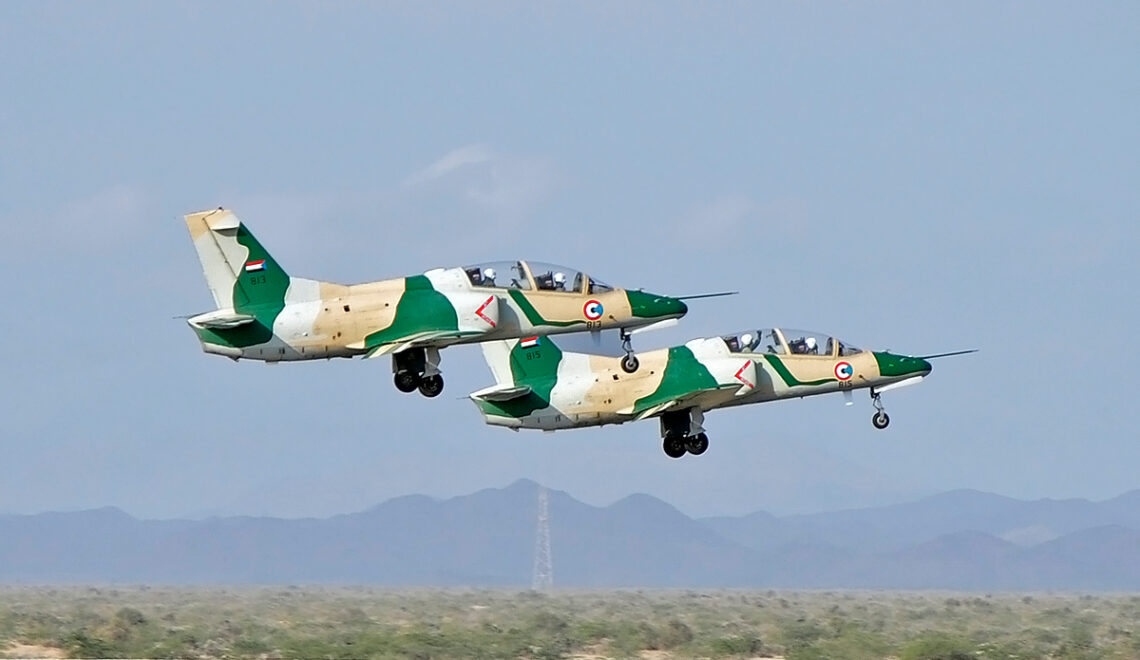 A pair of Hongdu JL-8 of the Sudanese Air Force take off from Port Sudan Airport