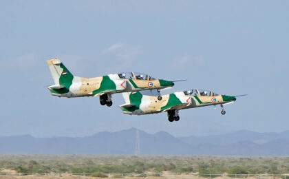 A pair of Hongdu JL-8 of the Sudanese Air Force take off from Port Sudan Airport