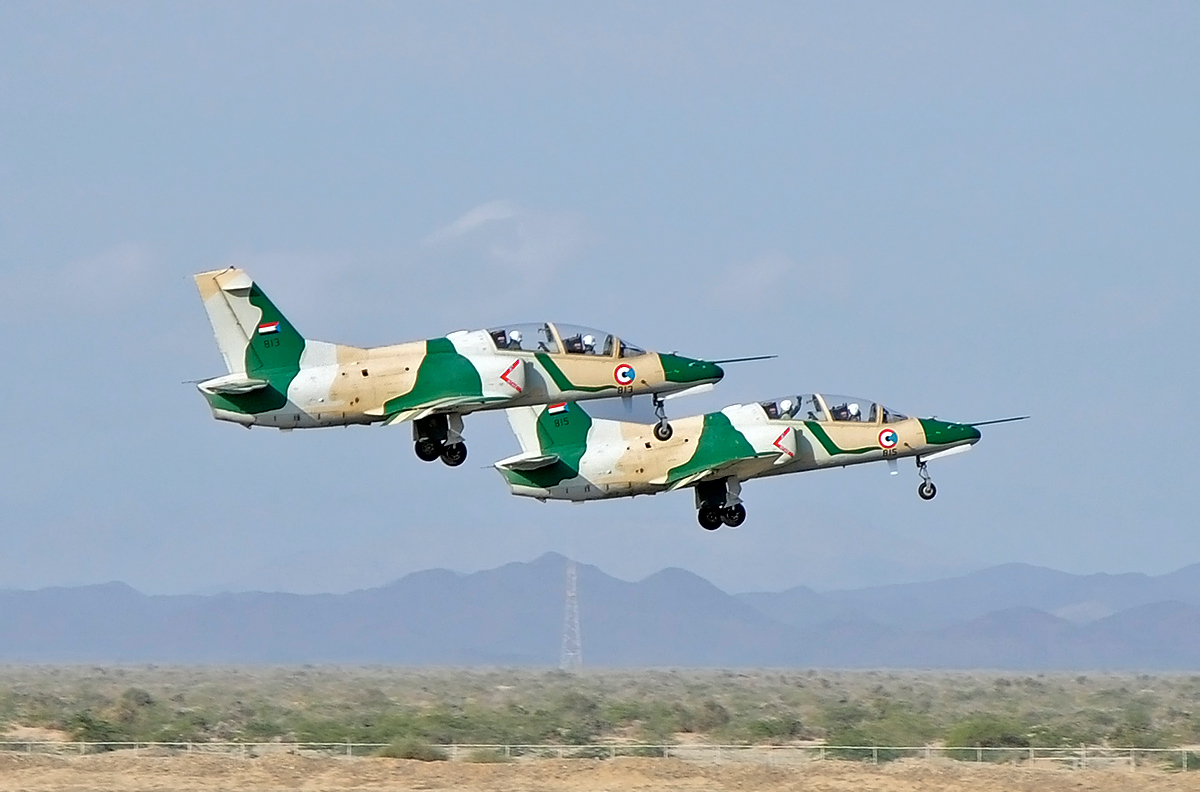A pair of Hongdu JL-8 of the Sudanese Air Force take off from Port Sudan Airport