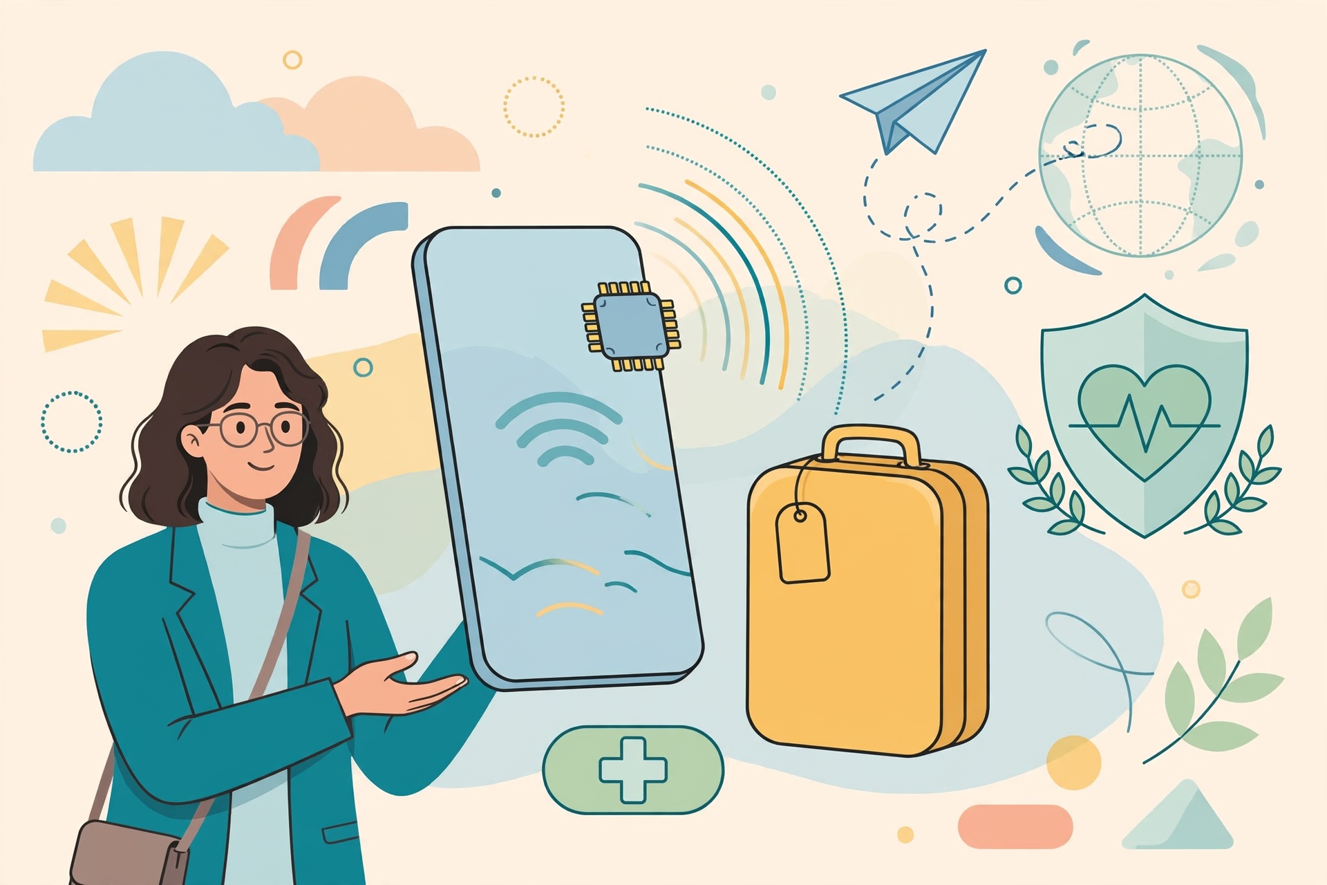Digital eSIM technology interface on a mobile device for international roaming and travel