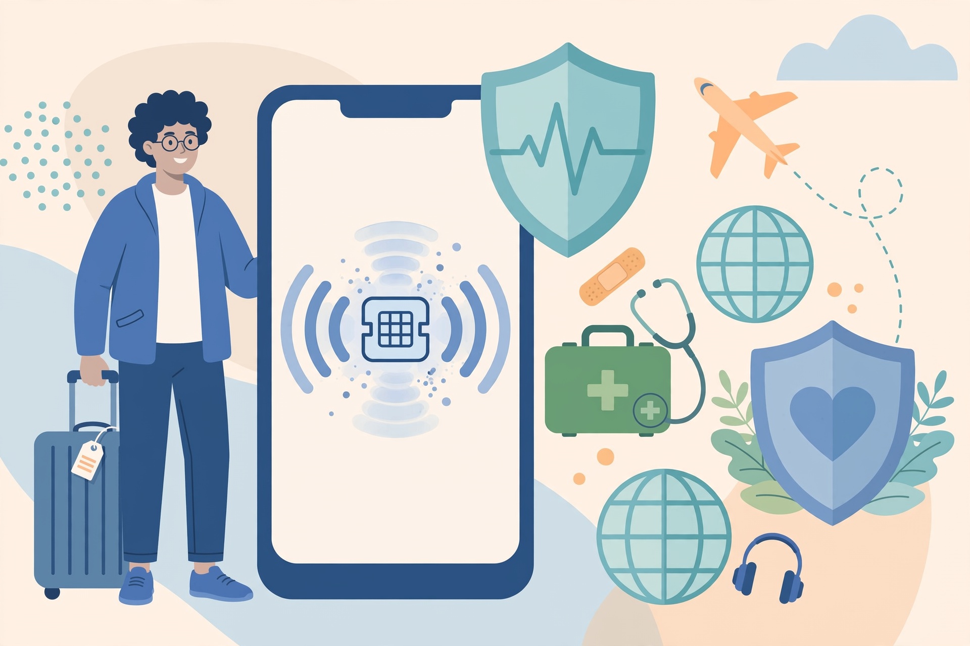 Canadian traveller using a smartphone with digital eSIM connectivity at an international airport terminal