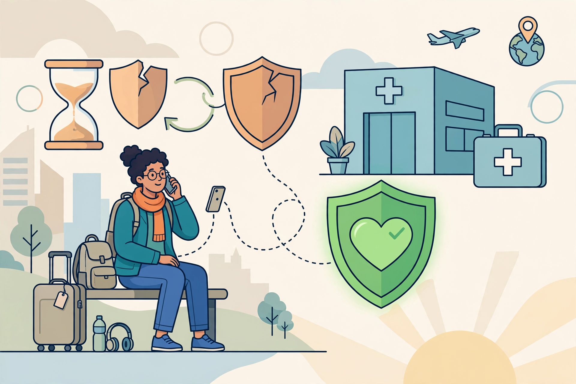 Canadian traveller reviewing travel insurance policy details on mobile device while abroad